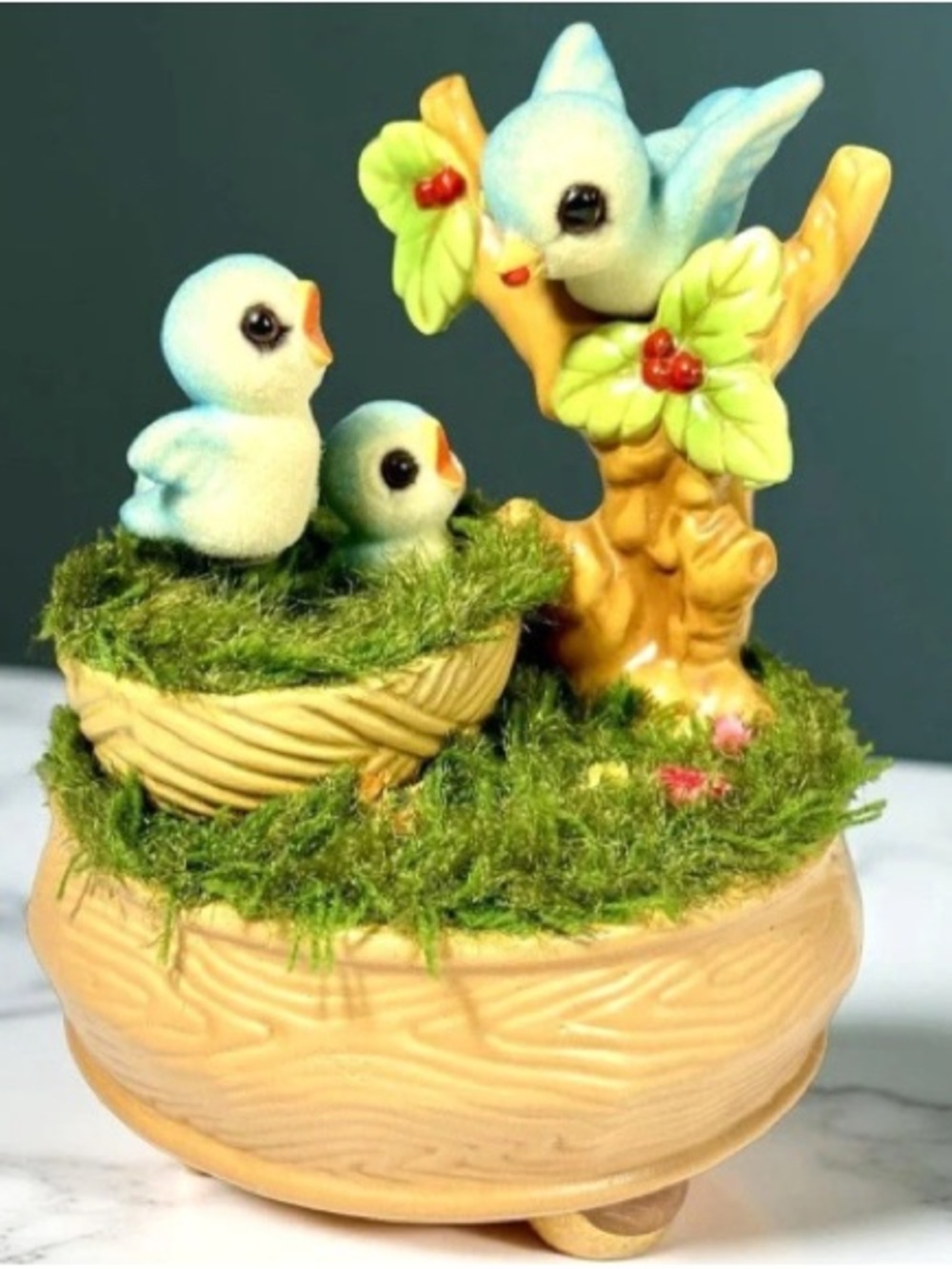 Blue Flocked Bird Nest Toy with Moss Accent for Pet Bird Display